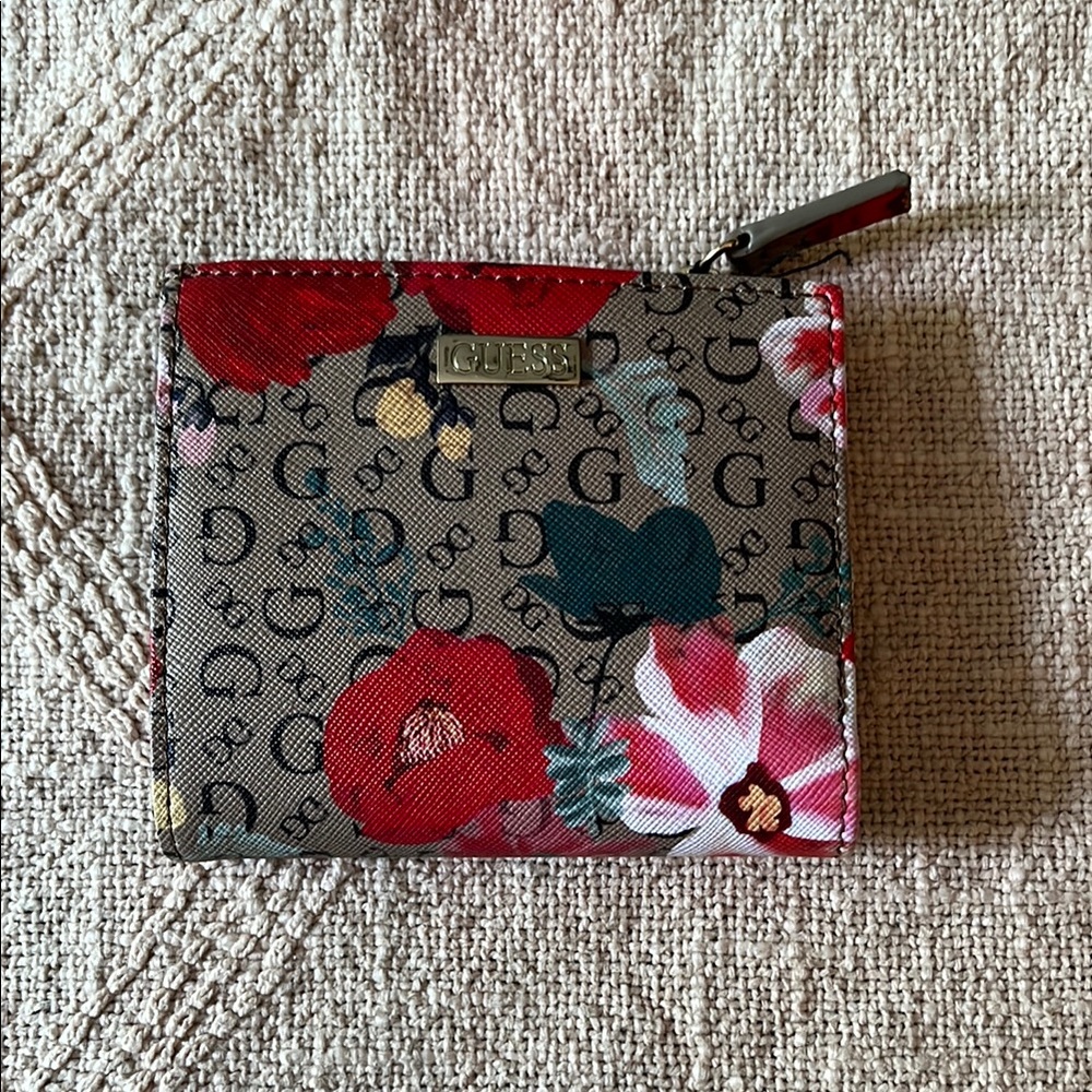 Guess Floral Logo Zip Wallet in Red, Pink, Teal, Brown